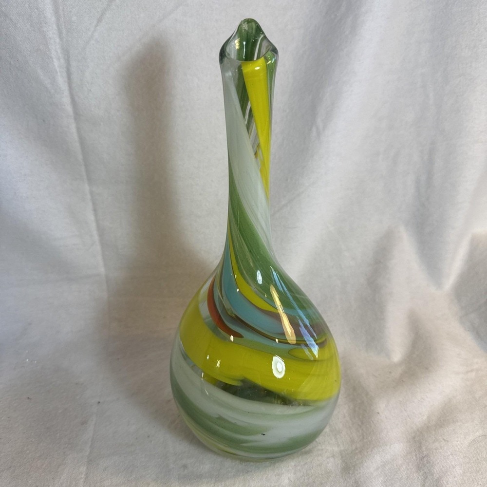 Murano Style Teardrop Glass Bud Vase 10" Tall Yellow Green Swirl Art Glass Decor